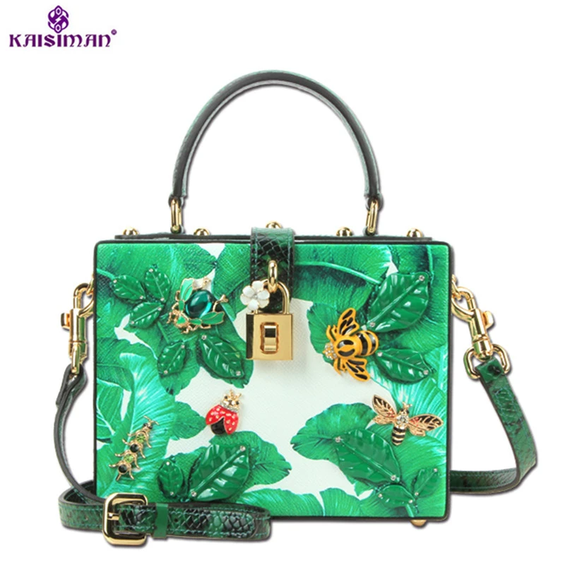 

Goddess! Luxury Exquisite Women Genuine Cowhide Leather Messenger Bag Green Gemstone Tote Handbag Original Designer Shoulder Bag