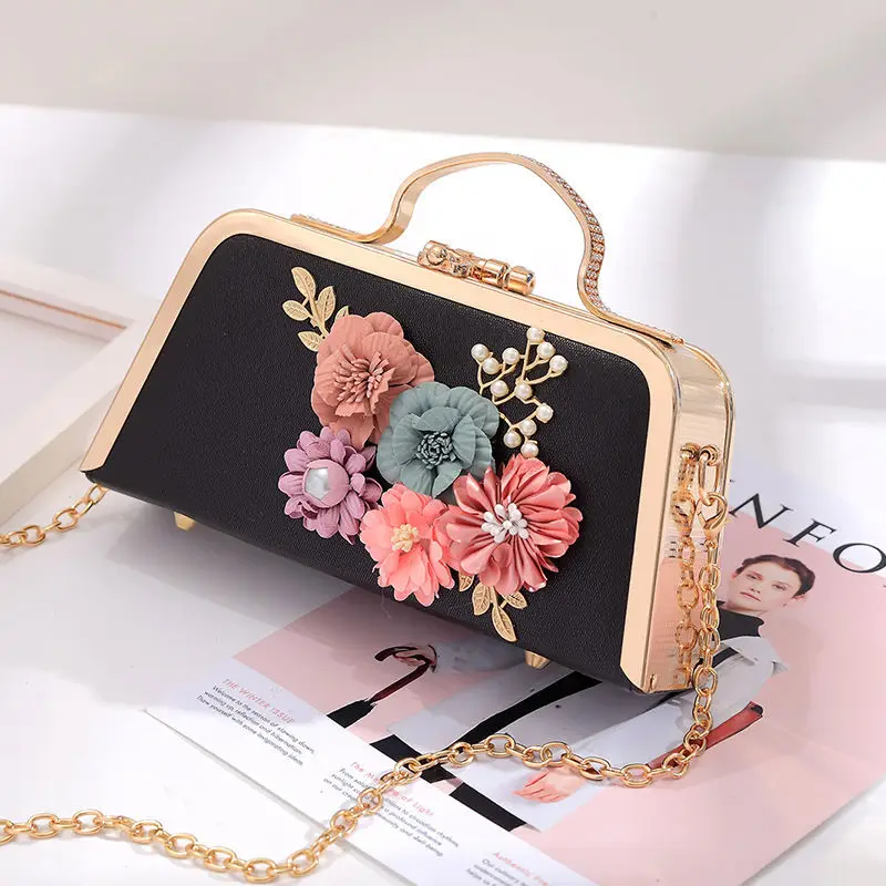 Женская вечерняя сумочка с объемным цветком, с цветочным рисунком, с металлической рамкой, на цепочке, клатч для маленькой девочки, на плечо, сумка-мессенджер, вечерние, свадебные сумочки, Minaudiere - Цвет: Black