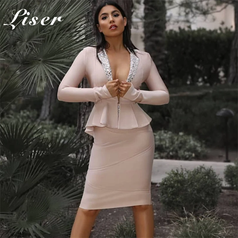 

Liser 2019 New Spring Women Dress V Neck Beading Two Pieces Bandage Dress Sexy Bodycon Evening Party Apricot Dresses Vestidos