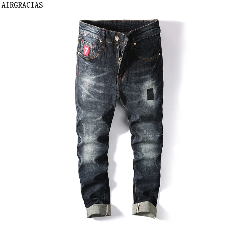 

AIRGRACIAS High Quality Retro Nostalgia Straight Denim Jeans Men Casual Men Long Pants Trousers Brand Top Jean For Male No.7