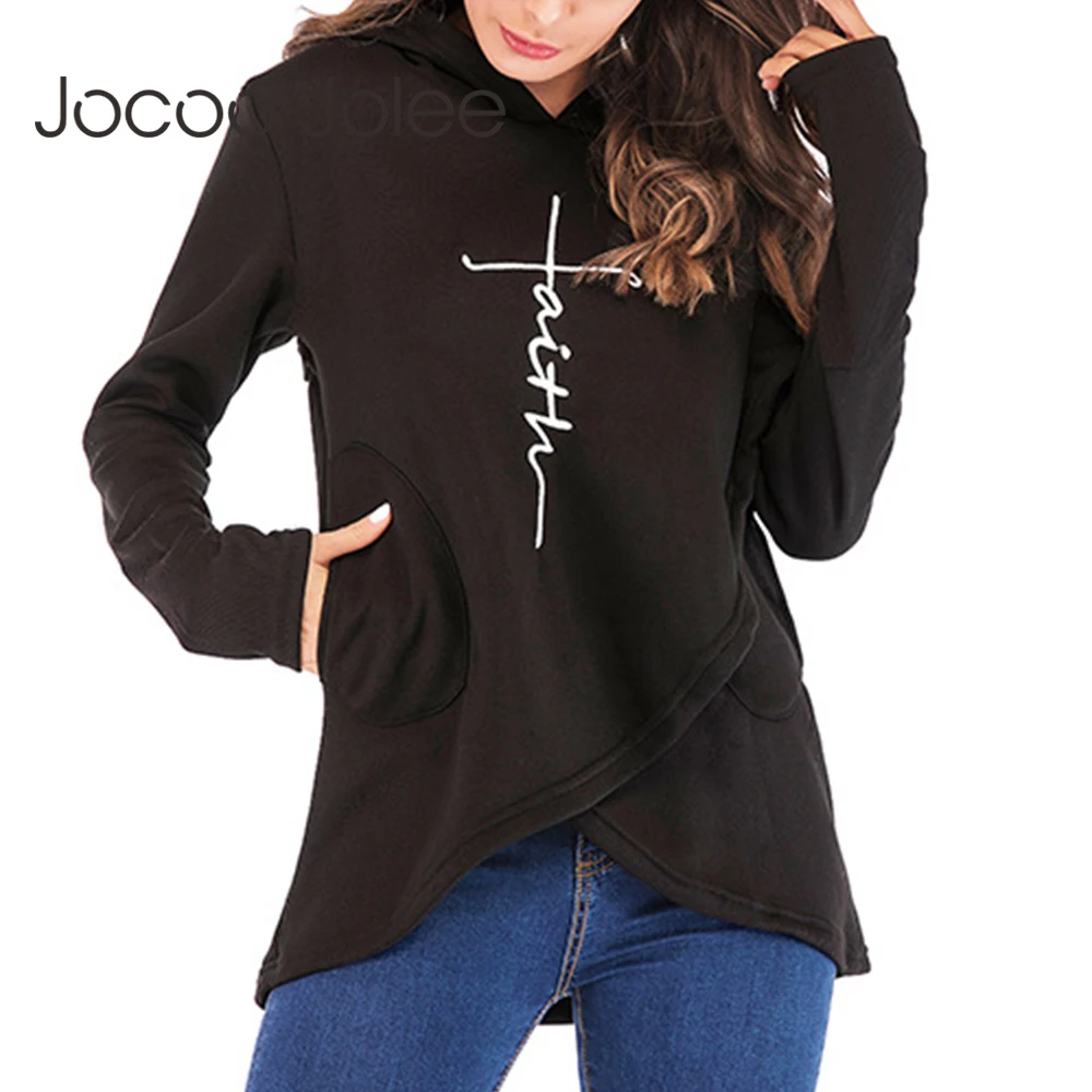 

Jocoo Jolee Casual Long Sleeve Hoodies for Women Autumn Pockets Letter Print Irregular Sweatshirt Oversized Hoodies 2019 Tops
