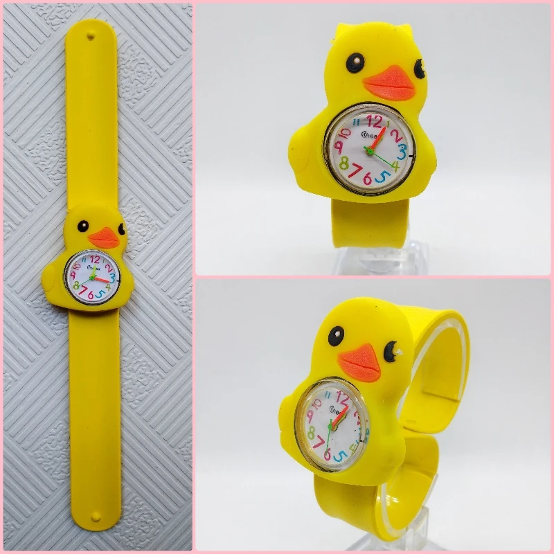 Hot selling Children watch for boy girl students clock child gift cartoon yellow duck Silicone Tape patted table kids watches