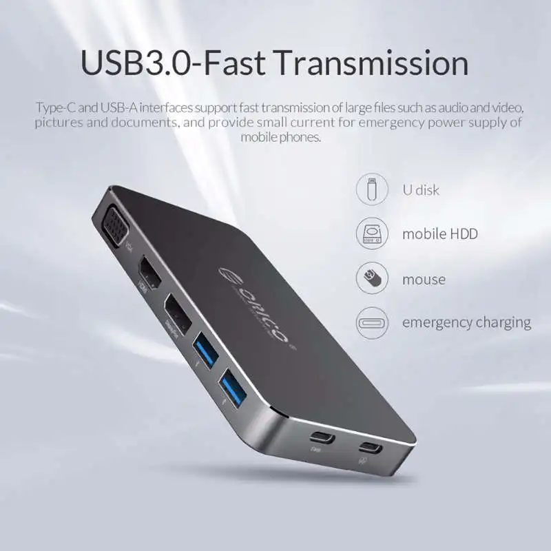 Orico 8 в 1 док-станция type-C многофункциональный концентратор 2 Usb 3,0 порта конвертер Usb-C к Dp 4K Hd Hdmi Vga Displayport ноутбук