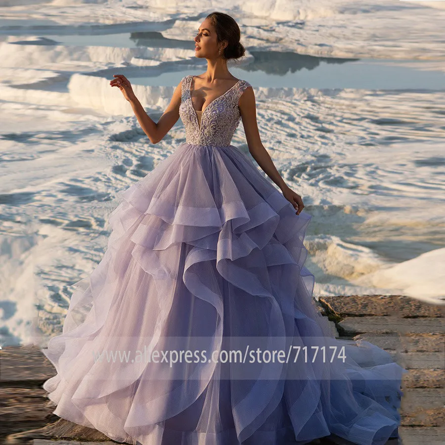 

V-neck Neckline Sleeveless Full Beading Wedding Dresses Layer Tulle A-line Sweep Train Bridal Dress Vestios De Novia