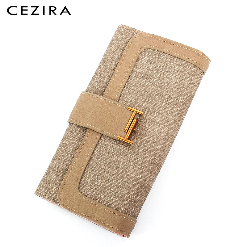 CEZIRA Long Women Wallets Brand Designer Vegan Leather Metal Button ID Card Holder Slim ...