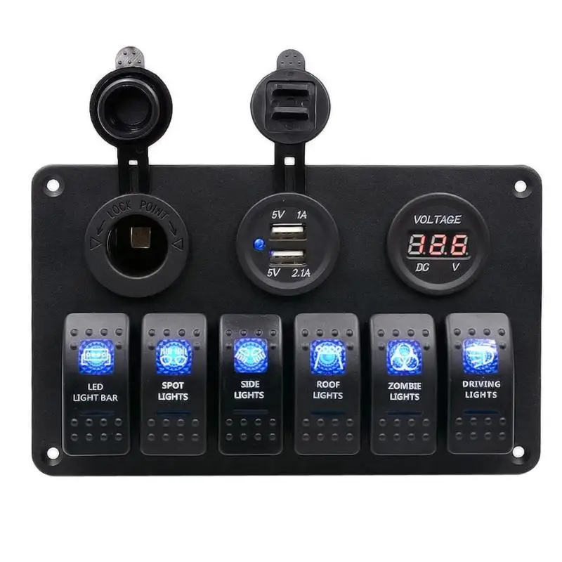 

LED Rocker Switch Panel Circuit Breaker Charger Pre-wired Panel IP65 Waterproof CE Proof 6 Gang 12V 24V Car Ship Boat Switches