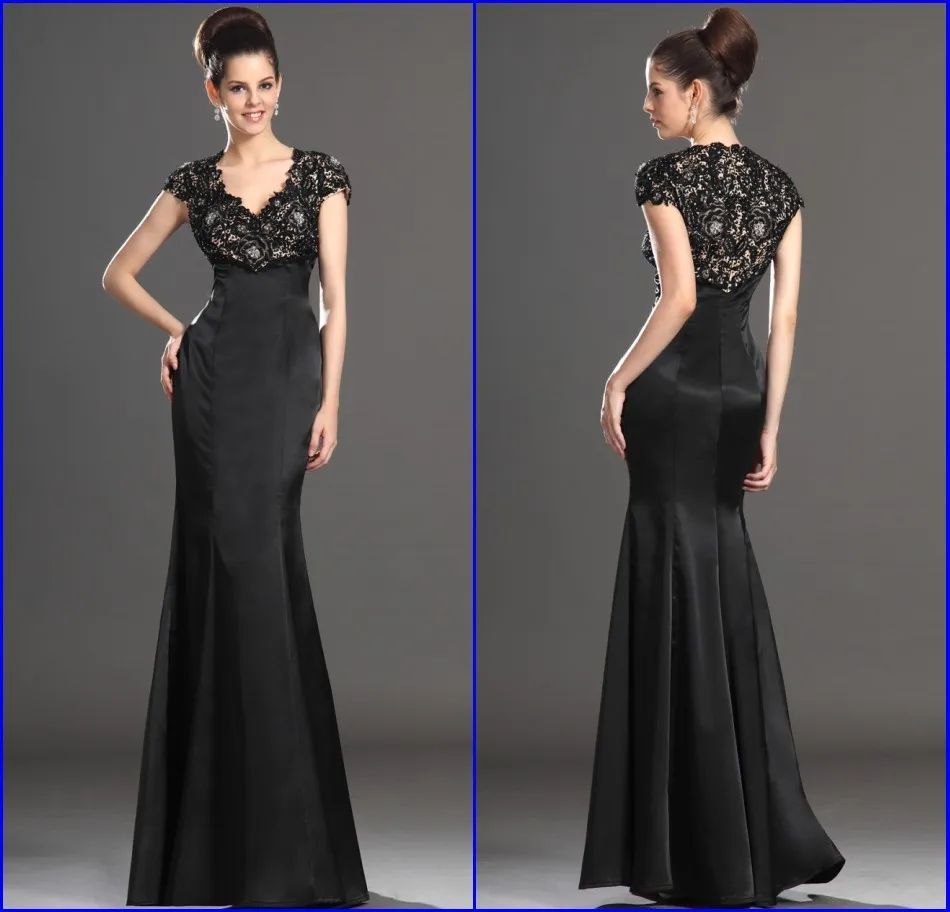 

High Quality Vestido de festa 2015 V Neck Black Lace Long Satin Gown Mermaid Evening Dress Modest Formal Gowns Special Occasion