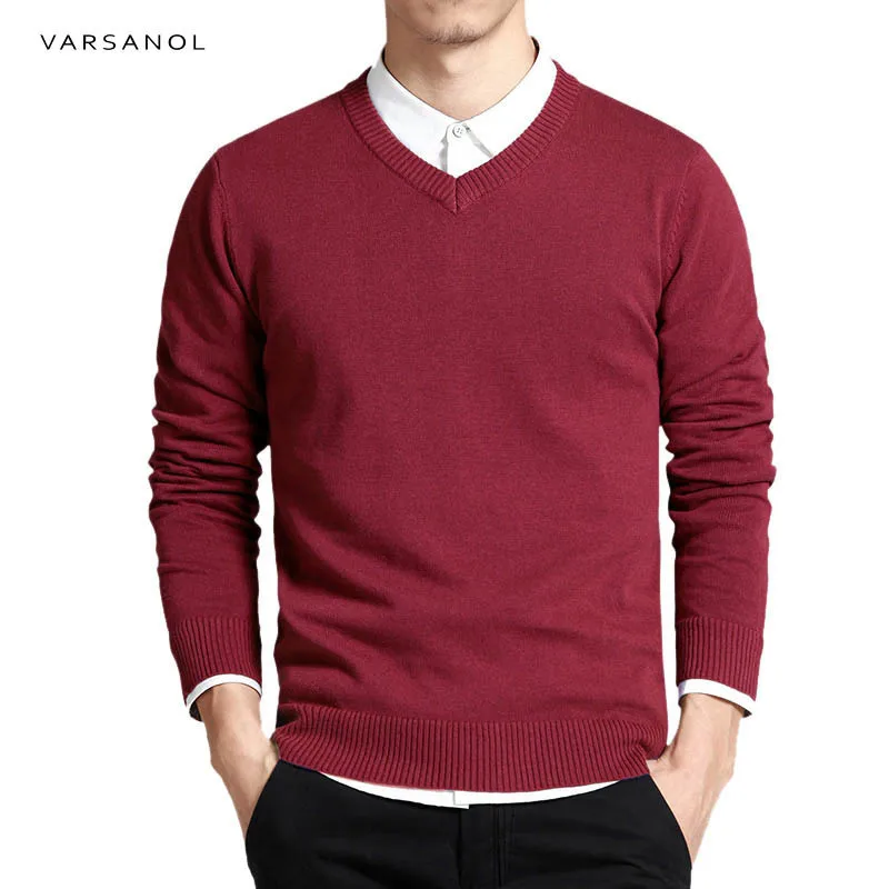 Хлопковый свитер мужской пуловер с длинными рукавами мужской свитер кофты v-образным вырезом топы свободный однотонный крой трикотажная одежда 8 цветов Новинка - Цвет: wine red  6620