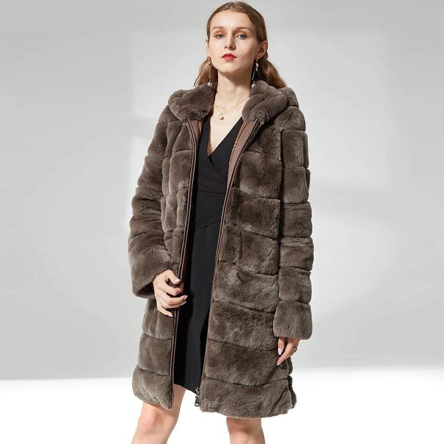 

rex rabbit fur coats for women High quality with fur hood real fur coat transform Detachable with zipper on sleeves