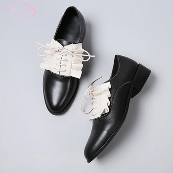 

Chainingyee college style round toe genuine leather pumps color matching ruffles lace-up black gray low heels women's shoes