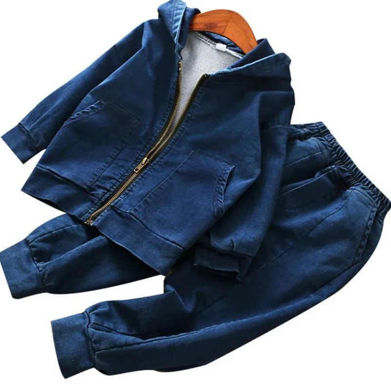 

DFXD Korean Baby Girls Clothing Set Spring Autumn Cotton Denim Blue Long Sleeve Zipper Hooded Coat+Pant Fashion Girls Outfits