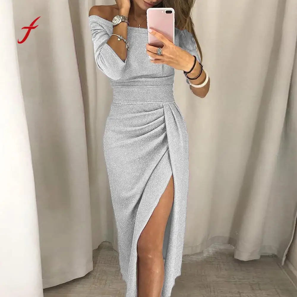 

elegant autumn Women Off Shoulder High Slit Bodycon Dress Long Sleeve Dresses club robe clothes elbise vestidos verano 2019