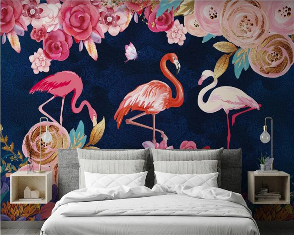 

beibehang behang hudas beauty Custom hand painted plant flowers flamingo background wallpaper mural wall papers home decor