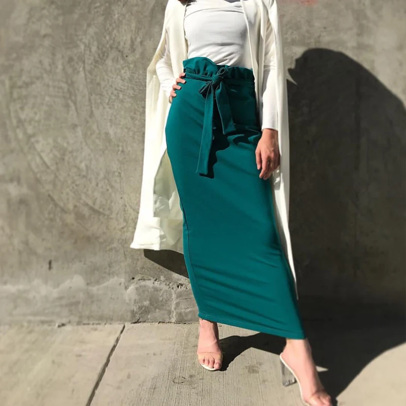 

Women Lace up Ruffles Pencil Skirt 2019 Autumn High Waist Slim Long Skirt Cotton Maxi Solid Ladies Office Bodycon Skinny Skirts