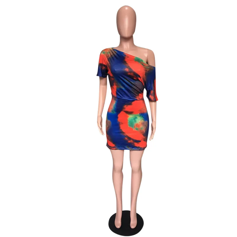 Женское летнее платье с открытыми плечами, с вырезом, с крашеным принтом, с рукавами летучая мышь, облегающее платье, короткие с высокой талией, мини платья 2 цвета MH6008