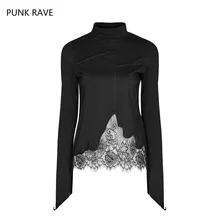 Панк Rave повседневная черная Готическая однотонная хлопковая кружевная Асимметричная открытая модная женская футболка с длинным рукавом OPT155