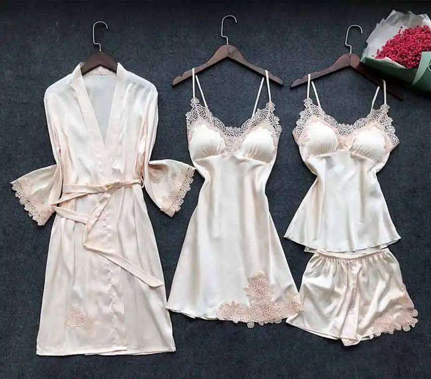Сексуальный женский халат и платье, комплекты, кружевной Халат+ ночная сорочка, 4 штуки, пижама, Женский комплект для сна, искусственный шелк, женское белье - Цвет: SPK1