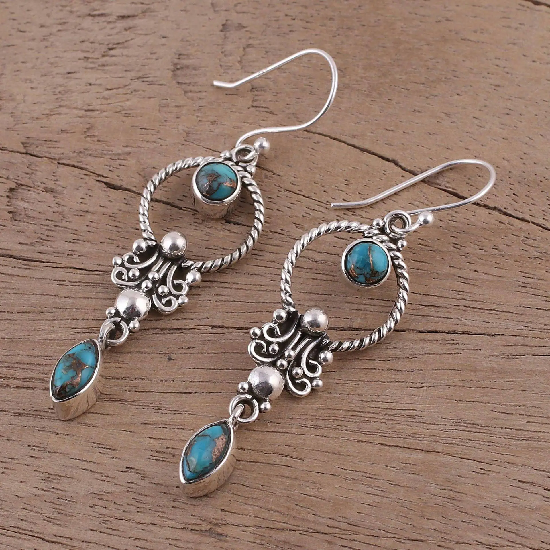 

Vintage Antique Silver Turquoises Dangle Drop Earrings for Women