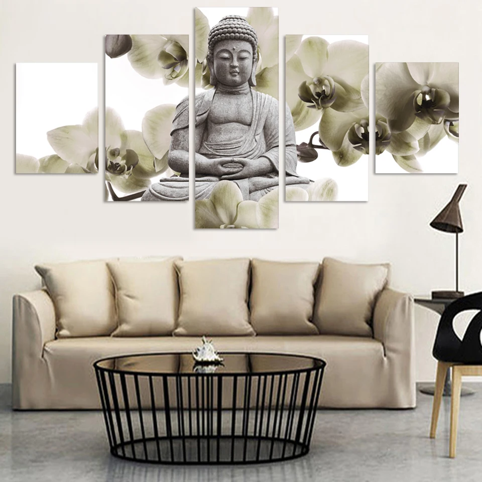 

5 Panel Large Orchid Background Buddha Painting Canvas Art Wall Pictures For Living Room Modern Home Decoration Unframed