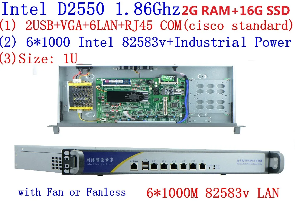 Брандмауэр сети серер с Atom D2550 1.86 г 6 * intel pci-e 1000 м 82583 В LAN Поддержка intelliegent flowcrl рос 2 г Оперативная память 16 г SSD
