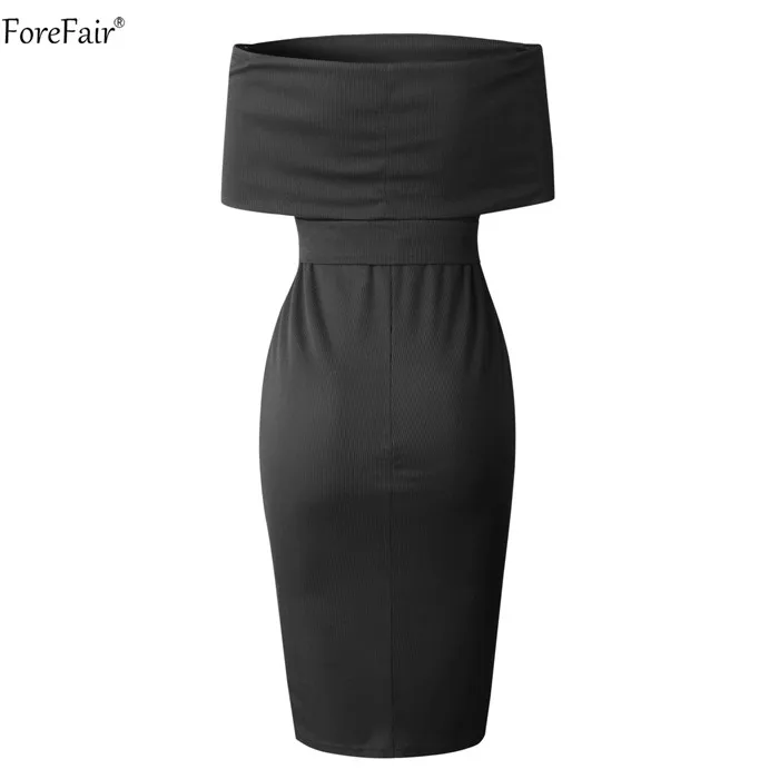 ForeFair с плеча карандаш миди платье летние пояса короткий рукав Черный Bodycon Платье Для женщин спинки Мода Vestido