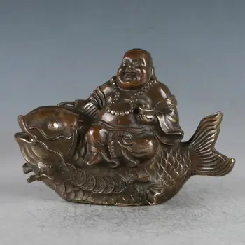 

Collection Chinese Feng Shui Bronze Gilt Auspicious Wealth Maitreya Buddha Sitting On Fish Exquisite Small Statues