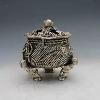 

Chinese Miao Silver Hand-carved Cornucopia Incense Burner & Lid