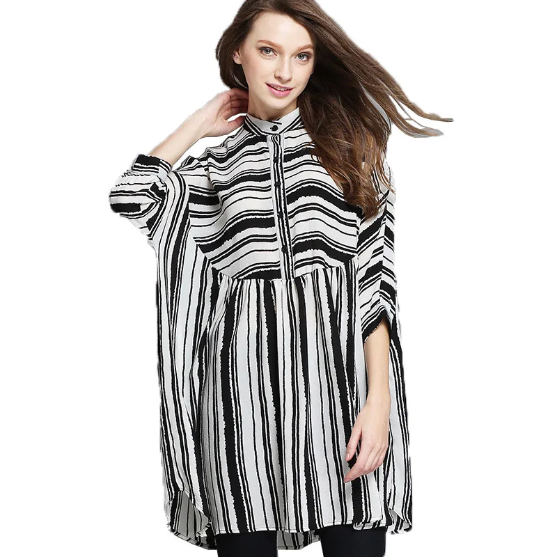 striped-casual-loose-dress-plus-size-black-and-white-dress-summer