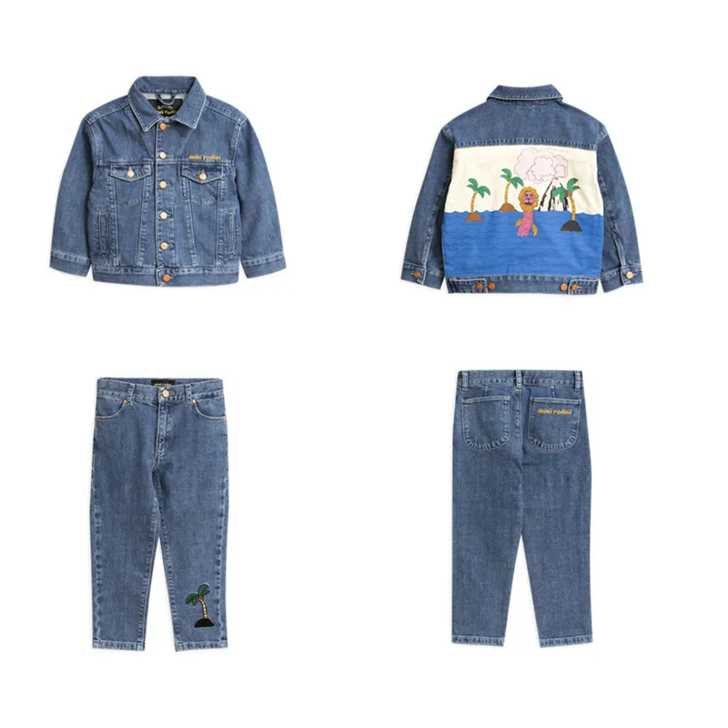 

INS Hot 2019Spring and Summer New MINI Same Series Boys and Girls Baby Coconut Tree Denim Jacket Jeans Set