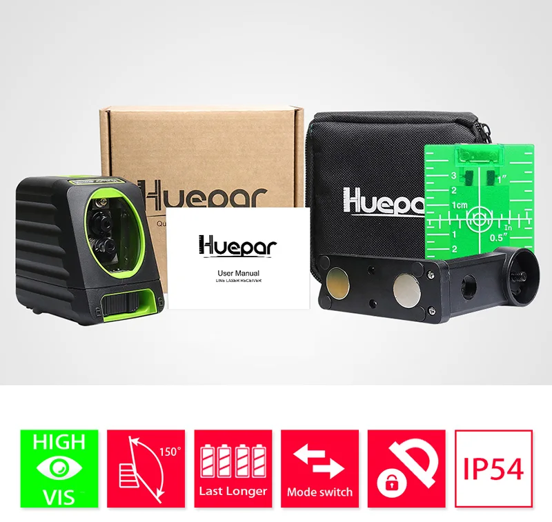 Huepar Лазерный аппарат для нивелирования, аппарат для автоматической горизонтальной регулировки(крест), вне помещения, 150° Длина волны лазера: 510 nm - Цвет: Green Laser Level