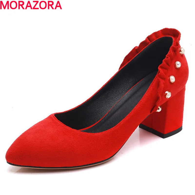 

MORAZORA 2020 pointed toe spring summer female pumps shallow slip on high heels square heel wedding shoes ladies shoes