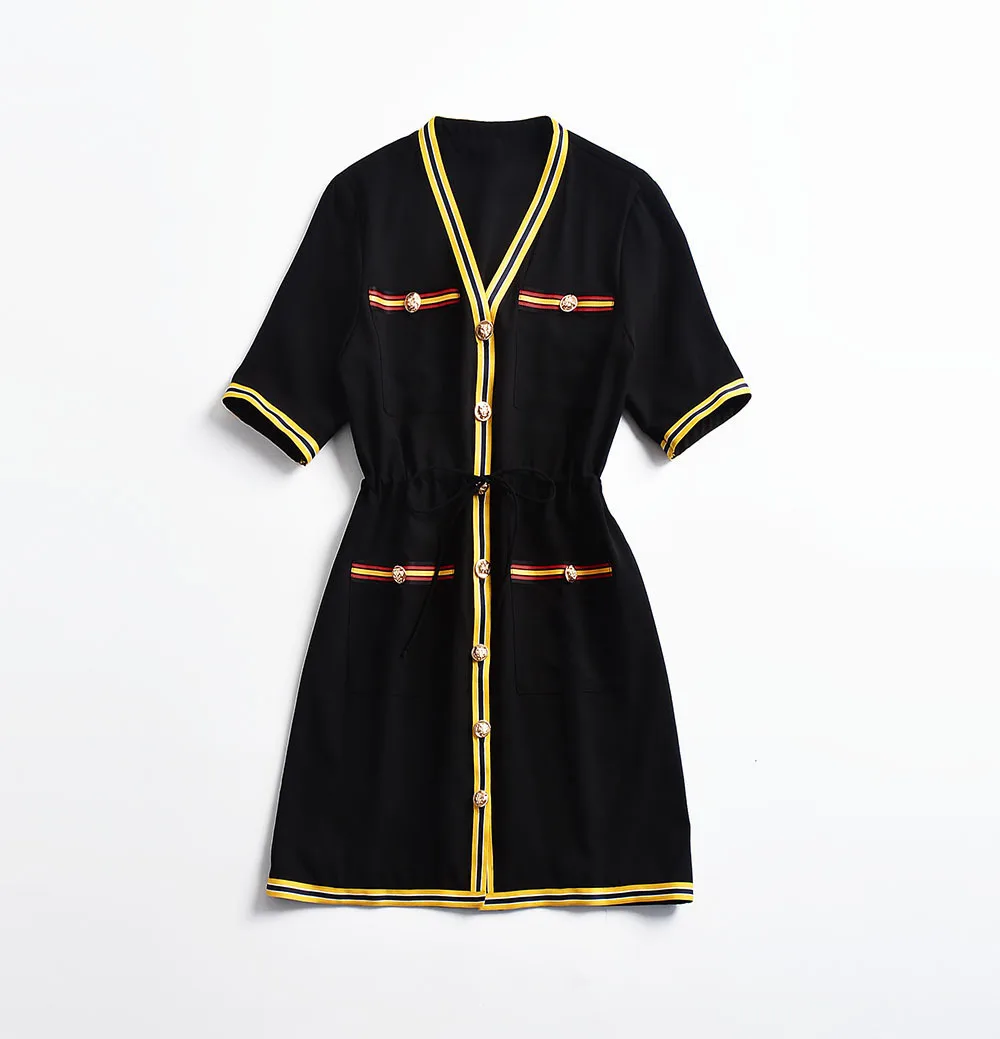 

Hot Sell 2018 Summer Runway Dress Black Pockets Short Sleeves Lacing A line V-Collar Women's dress Vestidos De Festa 51317