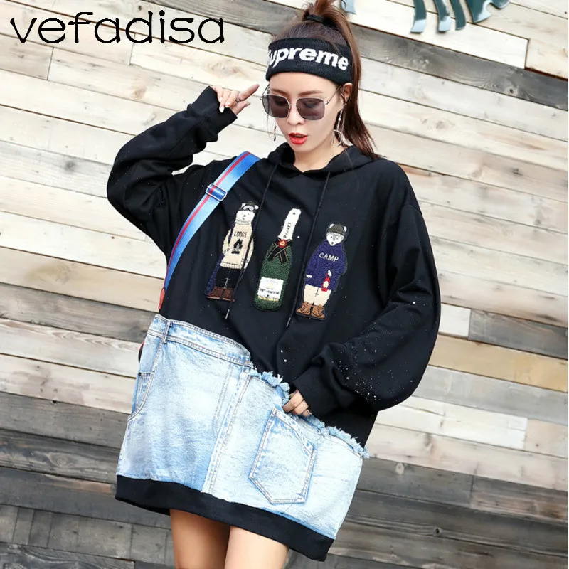 Vefadisa Women Patchwork Sweatshirt Hooded Pullover Loose 2018 Autumn Cartoon DQ0173 |