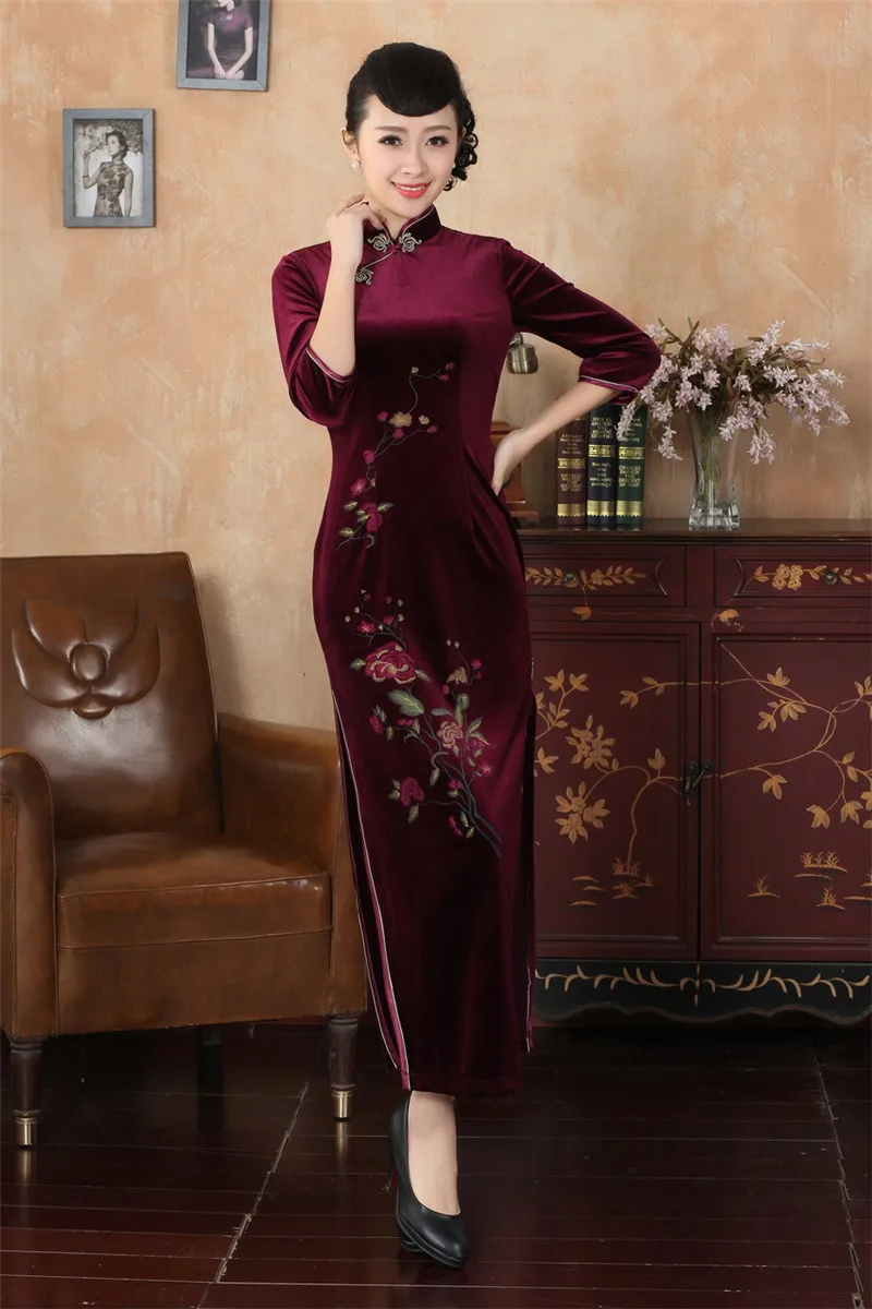 Шанхай история китайский Стиль долго Cheongsam платье женщины платья осень цветочной вышивкой платье бархат qipao платье 3 Стиль