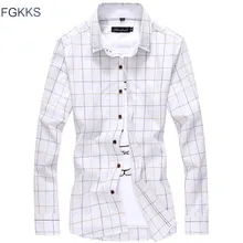 FGKKS, мужские клетчатые рубашки, весна-осень, Мужская Модная приталенная хлопковая рубашка с длинным рукавом, мужская деловая Повседневная рубашка