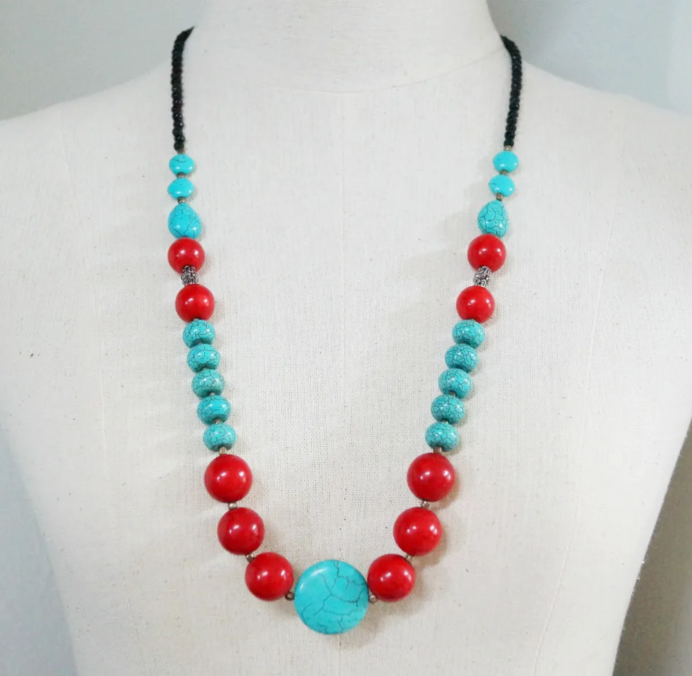 

3203 Turquoise*Red Coral*Black Onyx*Retro Style Bali Bead Handmade Necklace