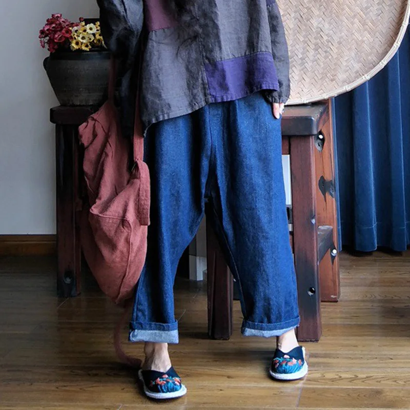 

Johnature Women Linen Cross Pants Denim Blue Trouser Casual Autumn Elastic Waist Pants For Women 2019 New Loose Vintage Pants