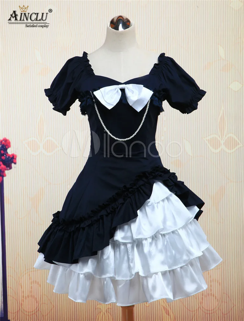 

Ainclu Clearance Sale!! Cotton Applique Classic Lolita One-piece Dress Short Sleeves Pearl String Bow Layers Lace Ruffles Dress