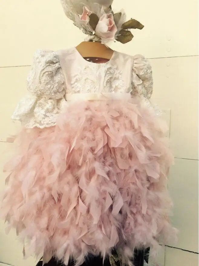 

Ball gown Baby Girls blush pink feather Blessing Dresses with sleeves Heirloom Dedication lace beaded Christening baptism gowns