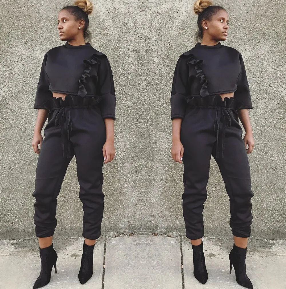 AHVIT Black Color Cascading Ruffles Women Two Piece Set O Neck Three Quarter Crop Top And Drawstring Full Length Pants H1075 | Женская