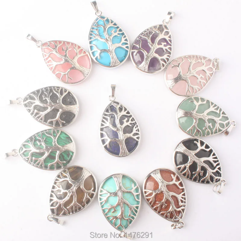 

25MMX35MM Mix- Stone Opal Amethysts Volcanic Turquoises Rose Pink Quartz Lapis Teardrop Bead Chakra Tree Pendant 1PCS (No Chain)