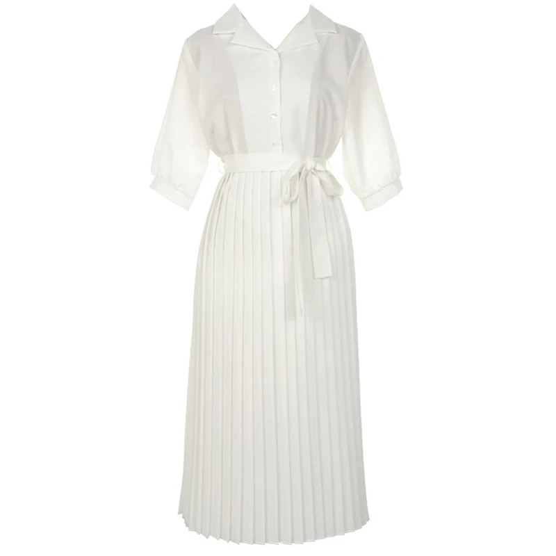 

PERHAPS U white turn down collar ruched button short half vintage retro midi mid calf pleat dress shirt dress summer D0379
