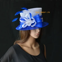 Новая торговля элегантная привлекательная многоцветная новая Королевская Синяя/белая Свадебная женская шляпа Sinamay Панама для церкви