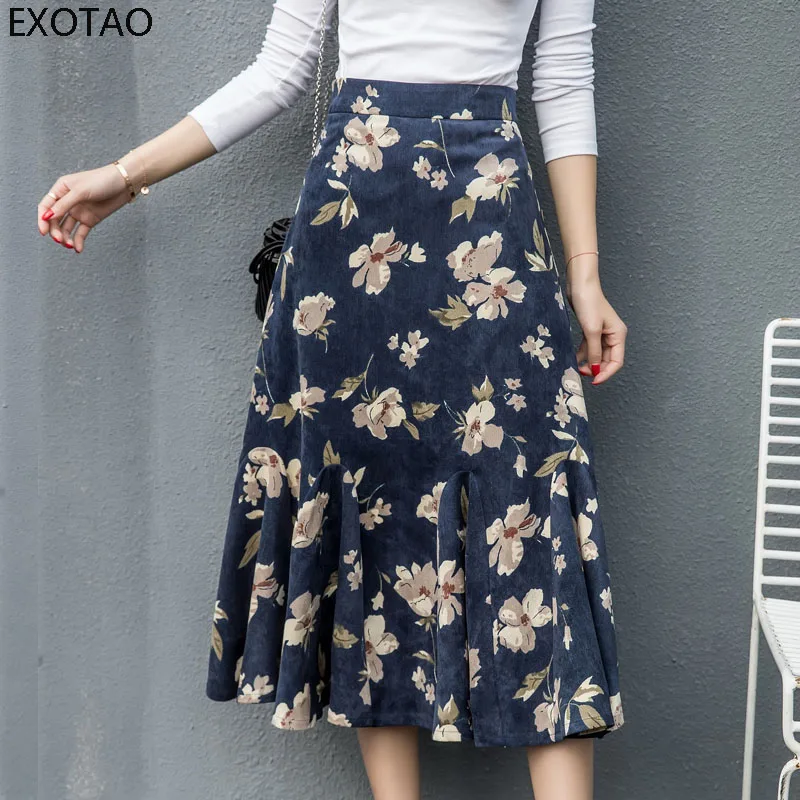 EXOTAO Floral Printed Long Saia Female High Waist Elegant Midi Ladies Skirts Ruffle Hem A-Line Warm Faldas Mujer Fashion Winter | Женская