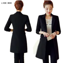 Корейский стиль весна осень Дамы Черный Длинный блейзер Женская облегающая одежда костюм куртка для женщин работы Блейзер Femme