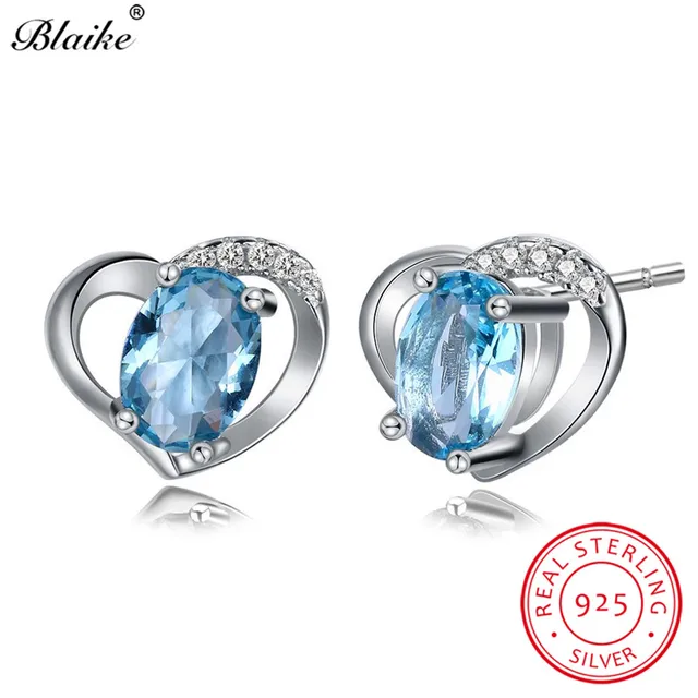 Blaike S925 Sterling Silver Oval Aquamarine Cute Heart Stud Earrings Blaike S925 Sterling Silver Oval Aquamarine Cute Heart Stud Earrings March Birthstone Aaa Zircon Double
