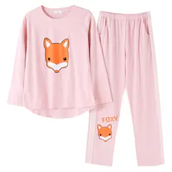 Хлопковые пижамы с длинными рукавами Ночное белье с рисунком лисы Милая одежда для сна Розовый Pijama шею Mujer женские пижамы Femme