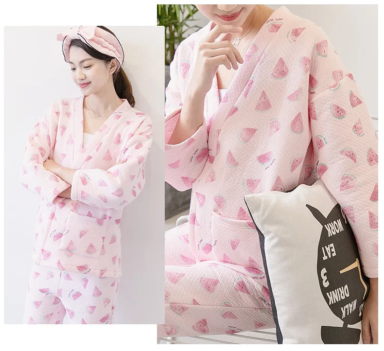 Осенне-зимний комплект одежды для беременных, пижама с v-образным вырезом, хлопковое теплое пальто+ штаны для беременных и кормящих женщин, ночная рубашка, BC1115-1
