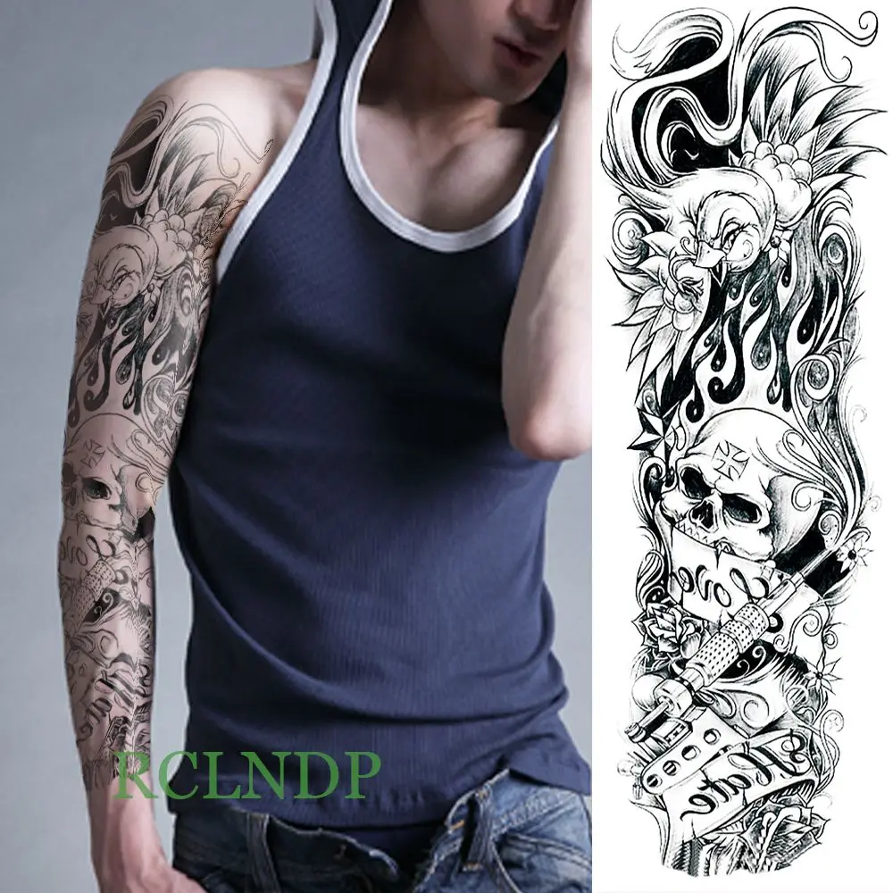 Водостойкая временная татуировка наклейка полная рука Большой Череп Дьявол часы тату наклейка s флэш-тату поддельные татуировки для мужчин и женщин 27 - Цвет: Темно-серый
