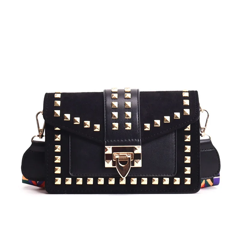 New Luxury Women Messenger Bag Rivet Colorful Wide Strap Female